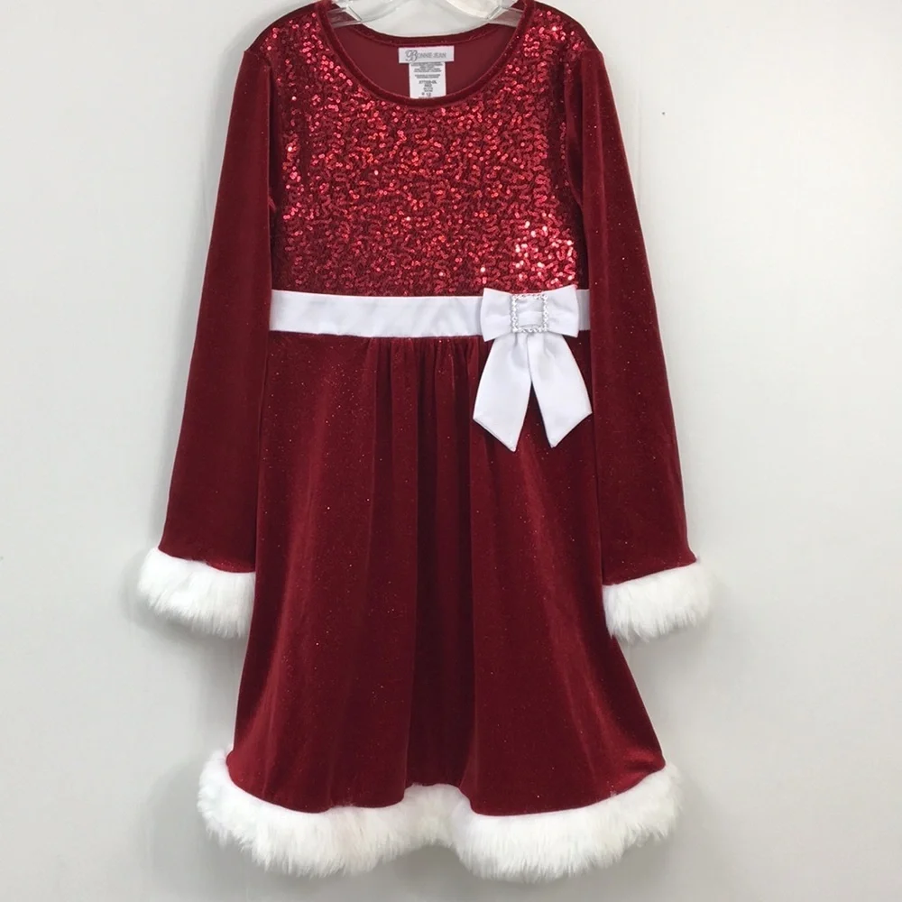 Bonnie Jean Girls Velvet Faux Fur Holiday Red Dress Size 12 EXCELLENT Condition